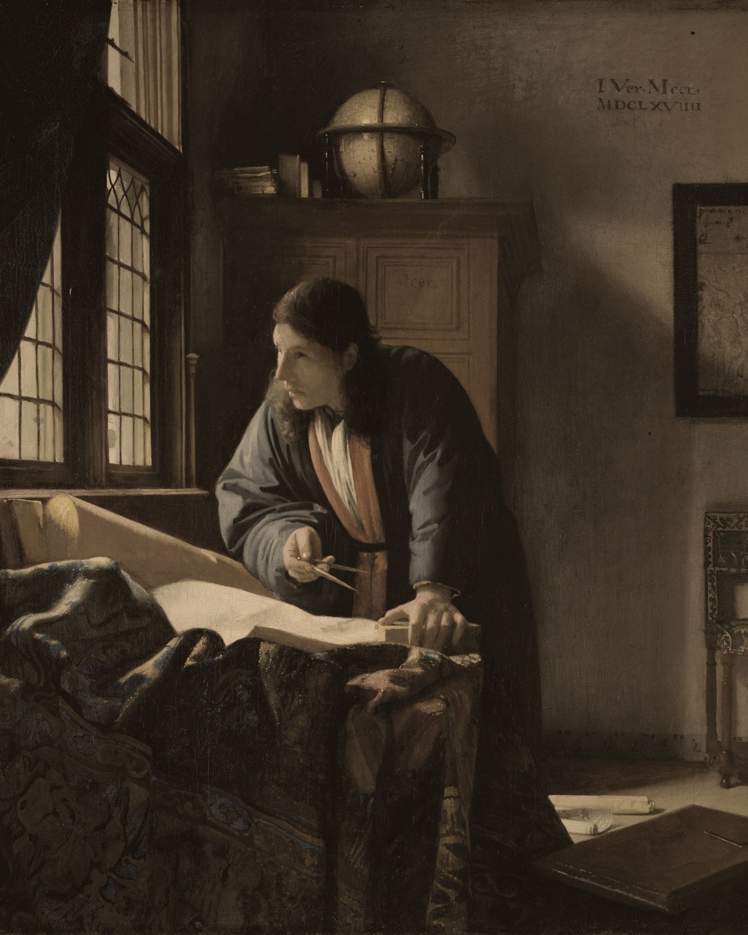 Johannes Vermeer, The Geographer, 1669: a scholar with dividers over a chart by the window