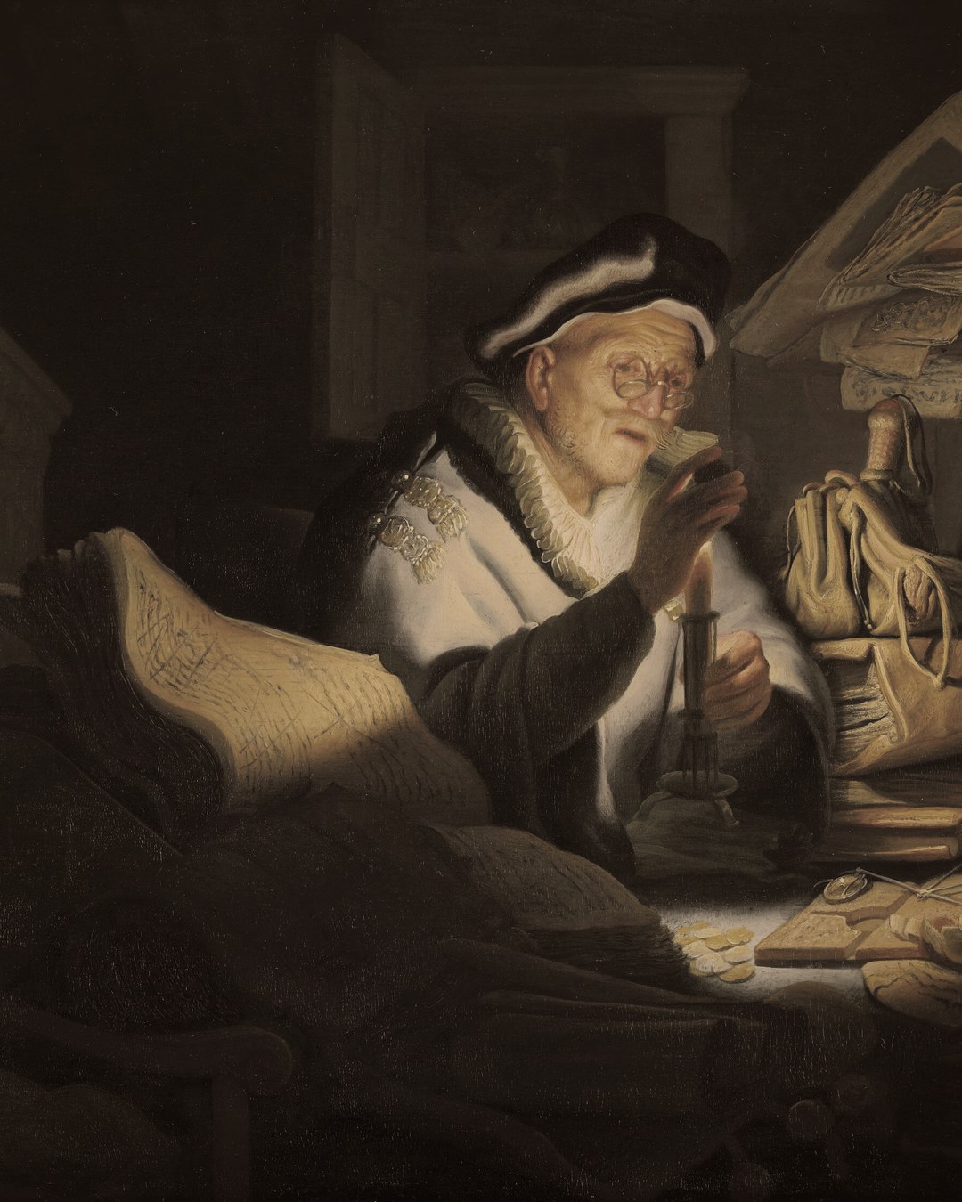Rembrandt, The Parable of the Rich Fool, 1627: a man at night by candlelight going through coins and account books
