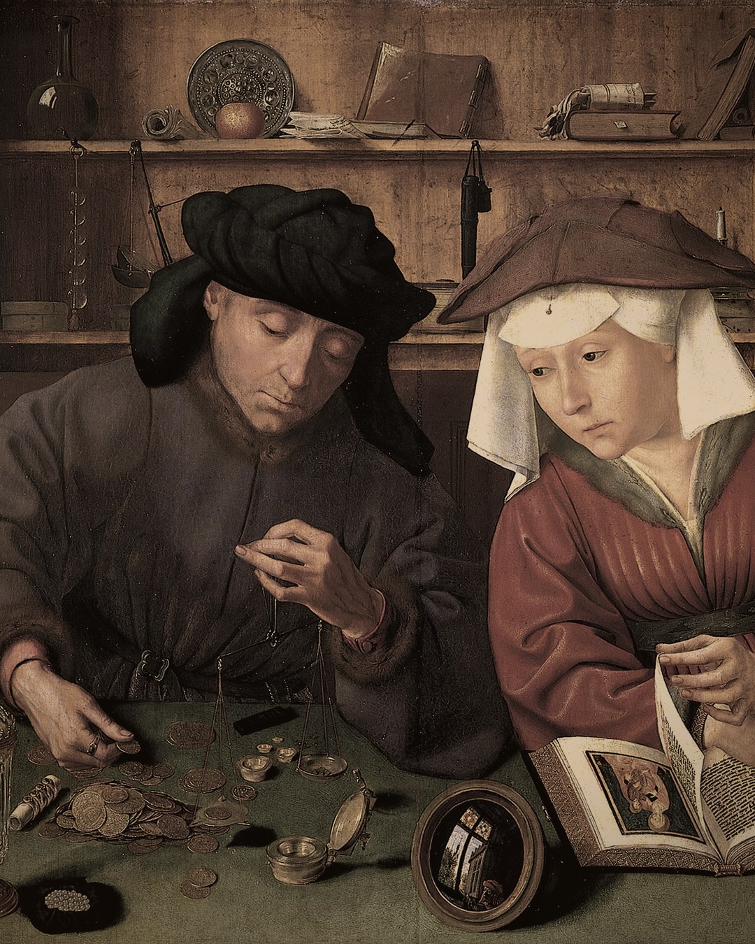 Quentin Massys, The Moneylender and His Wife, 1514: gold scales, coins on the table, the wife looking up from her prayer book