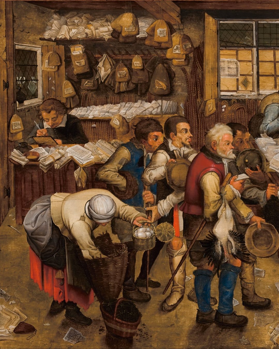 Питер Брейгель Младший, «Контора сборщика податей», около 1615 года: крестьяне с бумагами у стола сборщика