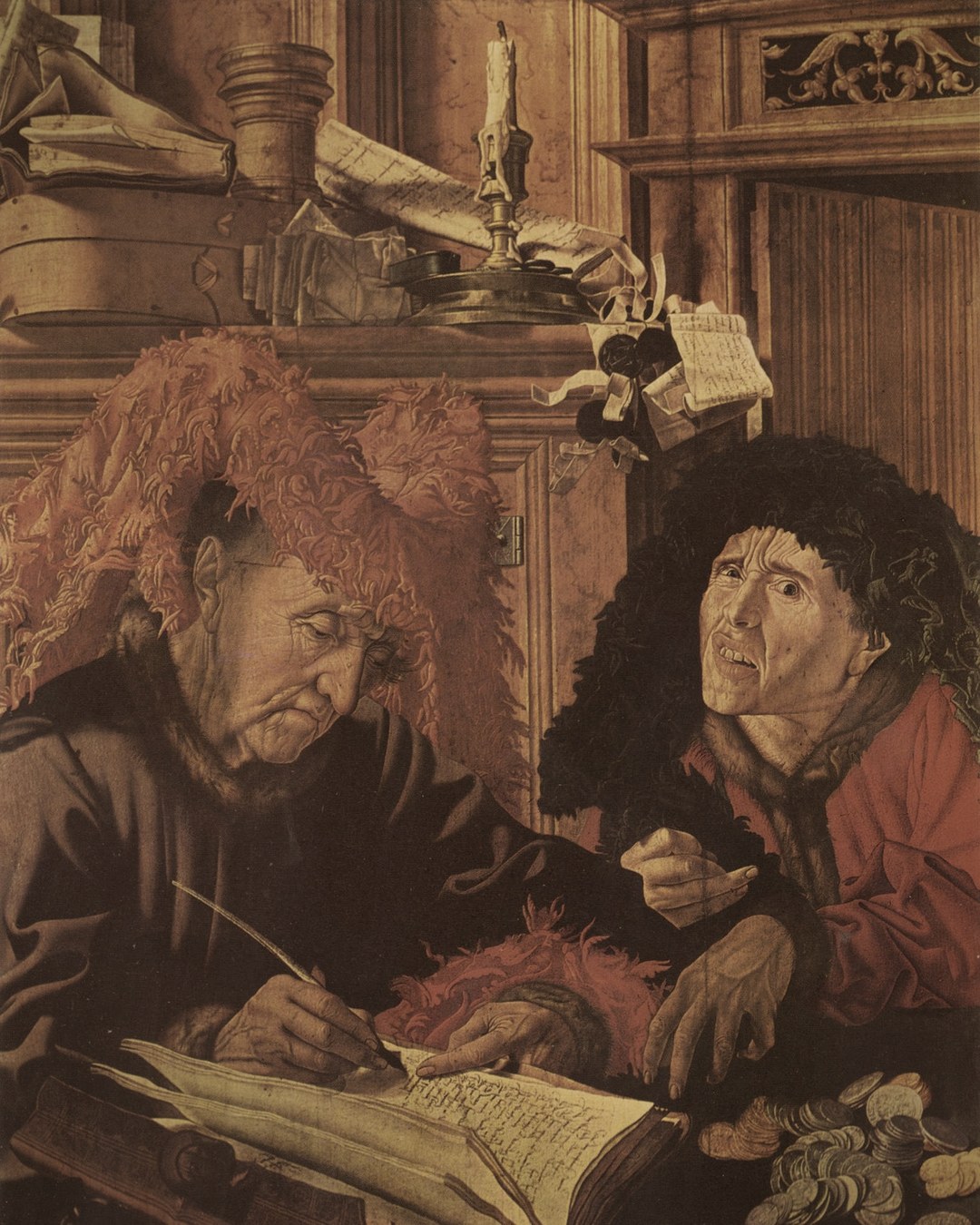Marinus van Reymerswaele, The Tax Collectors, c. 1540: a collector entering sums in a ledger, coins and scrolls beside him